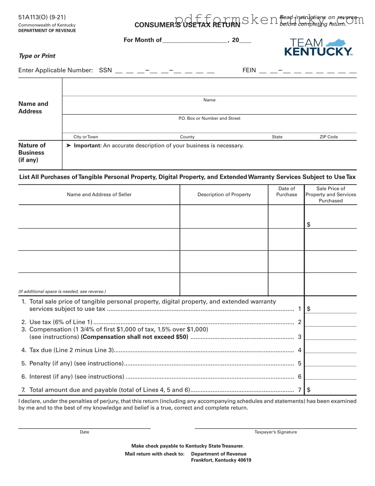 Download Kentucky 51A113 Template