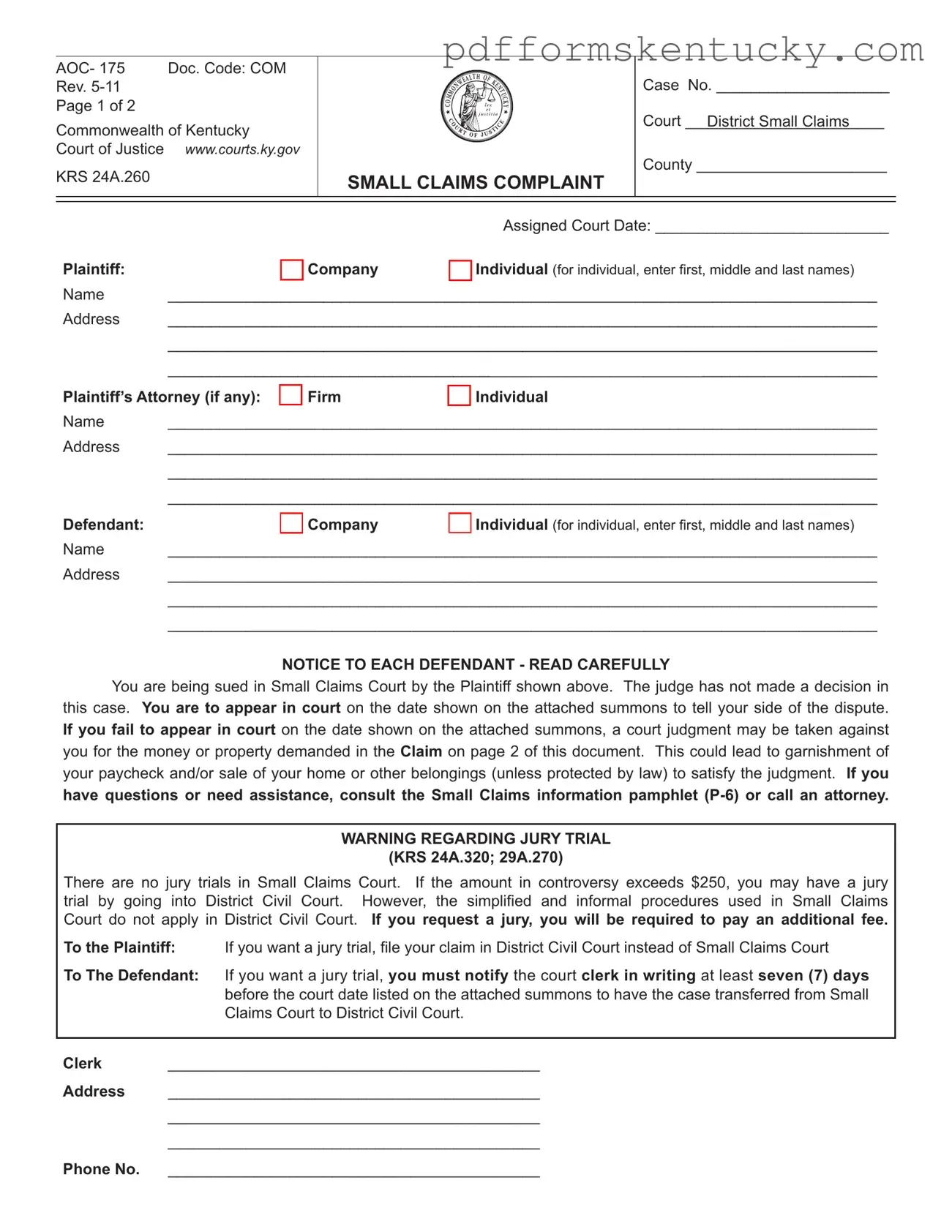 Download Kentucky Aoc 175 Template