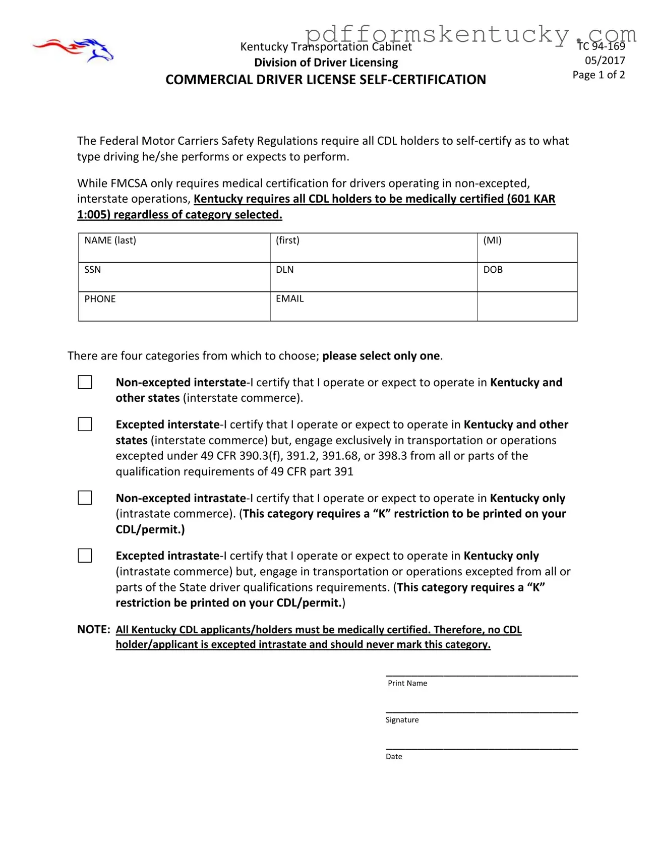 Download Kentucky Cdl Self Certification Template