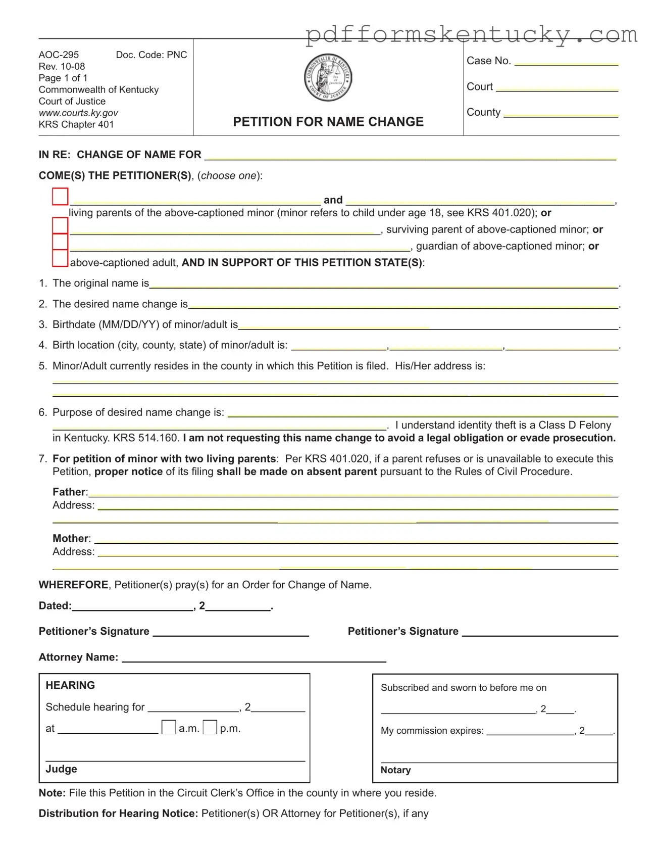 Download Kentucky Petition Name Change Template